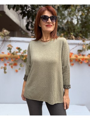 Denizege Butik Italyan Içi Leopar Yuvarlak Yaka Triko Haki