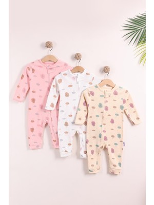 Kidello Pembe Kız Bebek %100 Pamuklu Fermuarlı 3'lü Tavşan Desenli Manşetli Tulum Seti (9Ay 12Ay 18Ay)