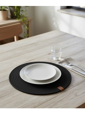 Mtg Jüt Tasarım El Emeği Doğal Jüt Kordon Halattan  6 Adet Siyah Renk Düz Model Supla Yemek Masası Tabak Altlığı Amerikan Servis