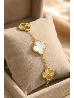 Söğütlü Silver 925 Ayar Gümüş Bileklik Altın Kaplama Sedef Taşlı Lazerli Tasarım Yonca Bileklik SGTL13204BEYAZ