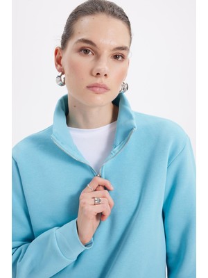 Tudors Kadın Relax Fit Rahat Kesim Pamuklu Içi Polarlı Yarım Fermuarlı Turkuaz Dik Yaka Sweatshirt