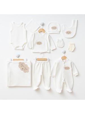 Eda Baby Pamuklu Bulut Nakışlı 10 Parça Beyaz Hastane Çıkış Seti