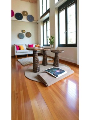 Ahşap Mantar Sehpa 3lü Set Ceviz Renk Doğal Zigon ve Fiskos Sehpa