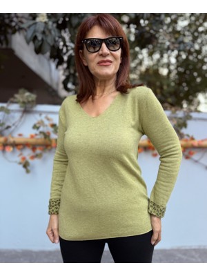 Denizege Butik Küçük Kalıp Iç Leopar Desen V Yaka Fıstık Yeşil