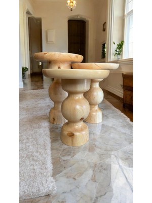 Wood Wooden Ahşap 3lü Set Mantar Yan Sehpa Modern Fiskos / Naturel Renk/ Zigon Sehpa