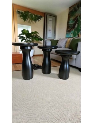 Ahşap Mantar Sehpa Siyah 3lü Takım Şık Zigon ve Fiskos Sehpa Seti