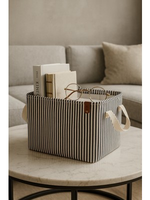 Siyah Çizgili Çok Amaçlı Dolap Içi Oyuncak  Saklama Kutusu Sepeti Organizer 18X22X30