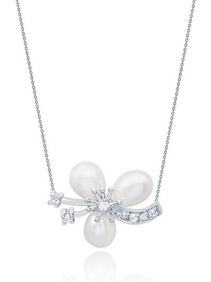 Diamond Line-Gülaylar 14 Ayar Beyaz Altın Inci Kolye