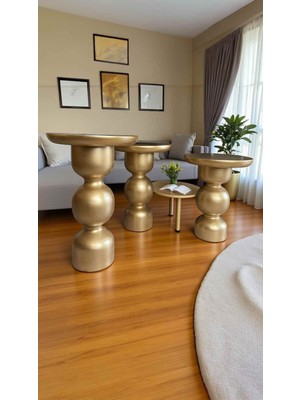 Ahşap Mantar Sehpa 3lü Altın Renk Doğal Zigon ve Fiskos