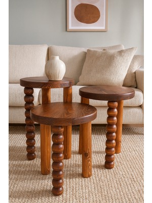 Ahşap Mantar Sehpa 3lü Set Fındık Renk Fiskos Sehpa Takımı