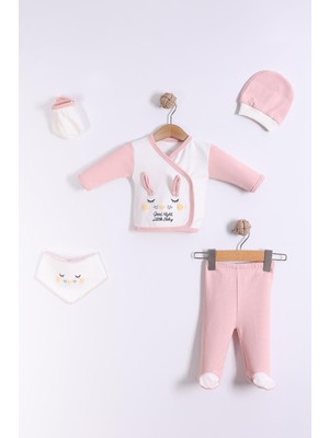 Kidello Ekru Pembe Tavşanlı Lüks 5'li Kız Bebek Hastane Çıkış Seti Zıbın Takımı