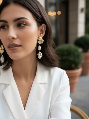 Alya's Aksesuar Zr Model Çiçek Detaylı Incili Küpe