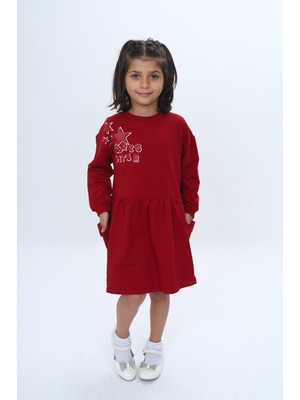 Toontoy Kız Çocuk Baskılı Relax Fit Bisiklet Yaka Düşük Omuz Uzun Kollu Baskılı Elbise