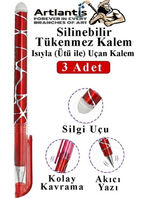 Artlantis Kırmızı Silinebilir Tükenmez Kalem 3 Adet Bıa Silinebilir Jel Pilot Kalem Mürekkepli Kolay Silinebilir Kumaş Kalemi