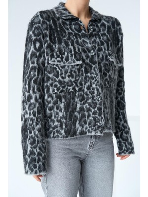 Kolleksa Leopar Desen Jakarlı Hırka - Siyah-Açık Gri