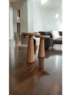 Doğal Masif Ahşap Yan Sehpa 2li Kahverengi Zigon Sehpa Takımı