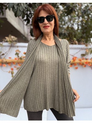 Denizege Butik Fularlı Fitilli Triko Haki