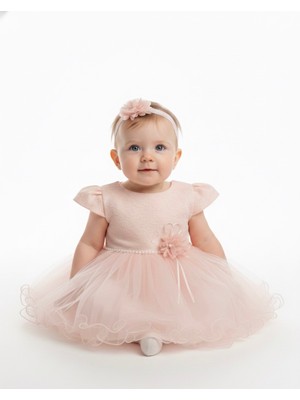 Minimony 0-24 Ay Kız Bebek Çocuk Saç Bantlı Tül Etekli Abiye Elbise Pudra 1008