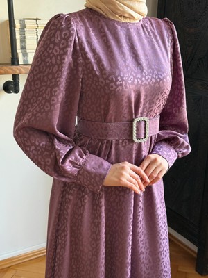 Kaplama Kemerli Bel Büzgülü Leopar Saten Elbise 1836 Navra | Fendel