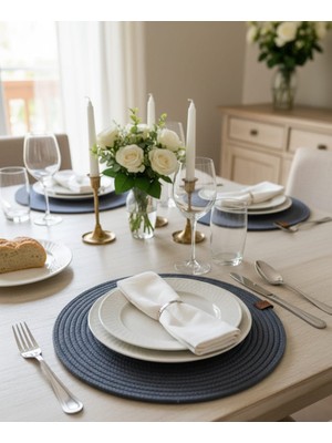 Mtg Jüt Tasarım El Emeği Doğal Jüt Kordon Halattan 6 Adet Gri Renk Düz Model Supla Yemek Masası Tabak Altlığı Amerikan Servis