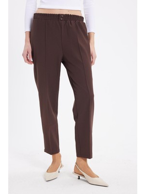 Tudors Kadın Relax Fit Rahat Kesim Yüksel Bel Düz Paça Beli Lastikli Koyu Kahve Pantolon