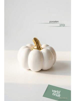 VarBiFırsat Beyaz Porselen Balkabağı Dekor – Altın Detaylı Zarif Biblo