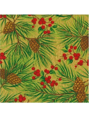 Caspari Evergreen And Berries Gold Cocktail Napkins - Includes 20 Cocktail Napkins