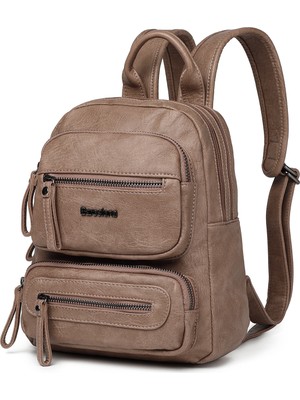 Hüvendo Barcelona Minik Boy Günlük Çok Cepli Kadın Sırt Çantası – Birinci Kalite Poliüretan Deri Vizon