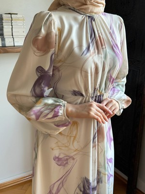 Bel Lastikli Desenli Saten Elbise 1841 Navra | Fendel