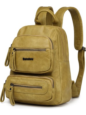 Hüvendo Barcelona Minik Boy Günlük Çok Cepli Kadın Sırt Çantası – Birinci Kalite Poliüretan Deri Fıstık Yeşili