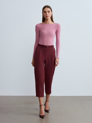 Dilvin 72166 Kemerli Kısa Paça Kumaş Pantolon-Bordo