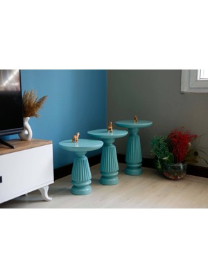 3'lü Oval Turkuaz Çizgili Yan Sehpa