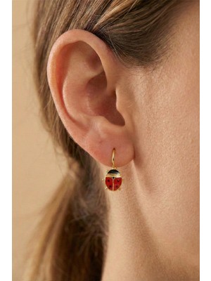 Söğütlü Silver 925 Ayar Gümüş Küpe Altın Yaldızlı Kırmızı Mineli Çengelli Uğur Böceği Küpe SGTL13183GOLD