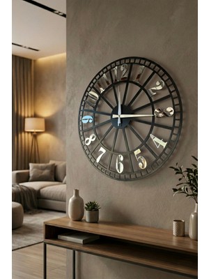 AA Shop Siyah Renk Gri Sayılı Hediyelik Ahşap Dekoratif Farklı Desenli Ev Hediyelik Duvar Saati 50CM
