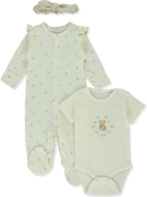 Bebetto Organik Interlok Patikli Tulum Set 3lü (Organıc Cute Bear) Ekru