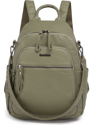 Hüvendo Barcelona Orta Boy Çok Cepli Omuz Askılı Spor ve Günlük Kadın Sırt Çantası Koyu Yeşil