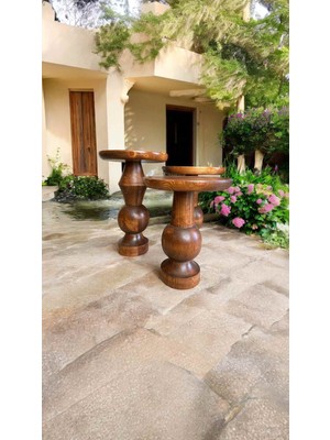 Açık Ceviz Renk Ahşap Yan Sehpa 3lü Takım Zigon ve Fiskos