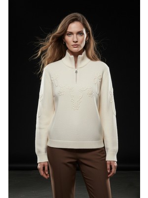 Studio Fashion 1988 Kadın Krem Fermuarlı Suzuneli Kazak