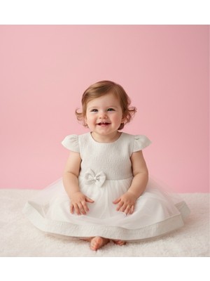 Minimony 0-24 Ay Kız Bebek Çocuk Tül Desenli Abiye Elbise Bej 1041