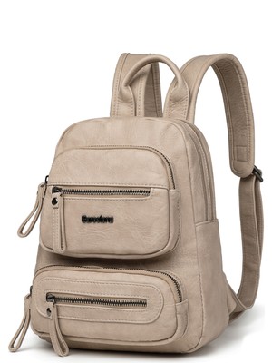 Hüvendo Barcelona Minik Boy Günlük Çok Cepli Kadın Sırt Çantası – Birinci Kalite Poliüretan Deri Koyu Bej