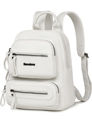 Hüvendo Barcelona Minik Boy Günlük Çok Cepli Kadın Sırt Çantası – Birinci Kalite Poliüretan Deri Beyaz