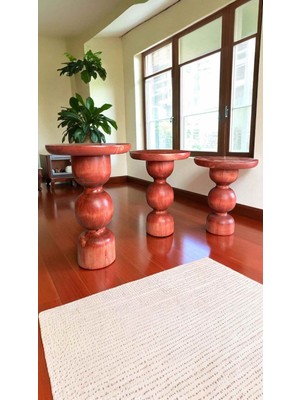 Ahşap Mantar Sehpa 3lü Set Maun Renk Doğal Zigon ve Fiskos Sehpa