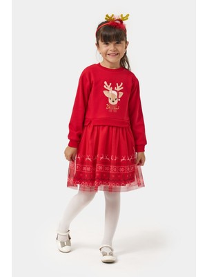 Minipodyum Yılbaşı Temalı Taç Hediyeli Baskılı Tüllü Kız Çocuk Elbise
