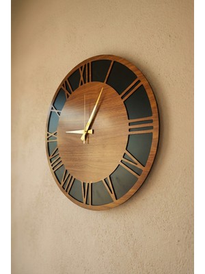 AA Shop Ahşap Ceviz Mobilya Renk Roma Rakam Desenli Hediyelik Sessiz Duvar Saati 50CM