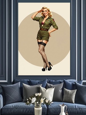 Tablomega Asker Üniformalı Retro Sarışın Kadın Dekoratif Kanvas - Mdf Ahşap Tablo