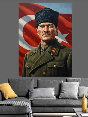 Artmeg Türk Bayrağı ve Askeri Üniformalı Atatürk Lider Portresi Dekoratif Kanvas - Mdf Ahşap Tablo