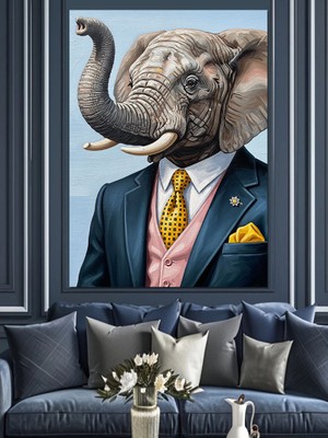 Tablomega Takım Elbiseli Sevimli Fil Dekoratif Kanvas - Mdf Ahşap Tablo