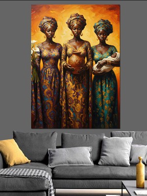 Tablomega Üç Geleneksel Afrikalı Kadın  Dekoratif Kanvas - Mdf Ahşap Tablo