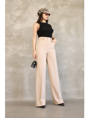 Kadın Ithal Doubleface Kumaş Palazzo Kalıp Yüksek Bel Çekme Solma Yapmaz Tüylenmez