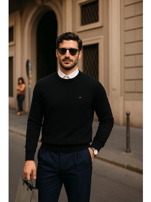 Comstar Erkek Günlük Bisiklet Yaka Siyah Kazak